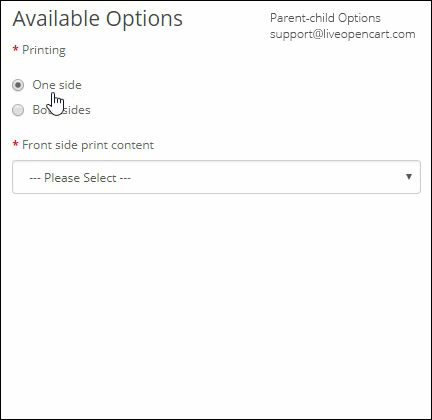 Parent-child Options: child options appear when the required parent option is selected.