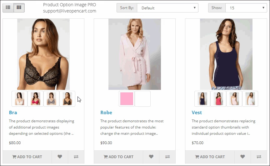 Product Option Image: option thumbnails update the main image in product lists and link to the selected option.