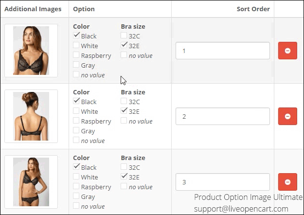 Product Option Image Ultimate: changing the order of option images by dragging them.