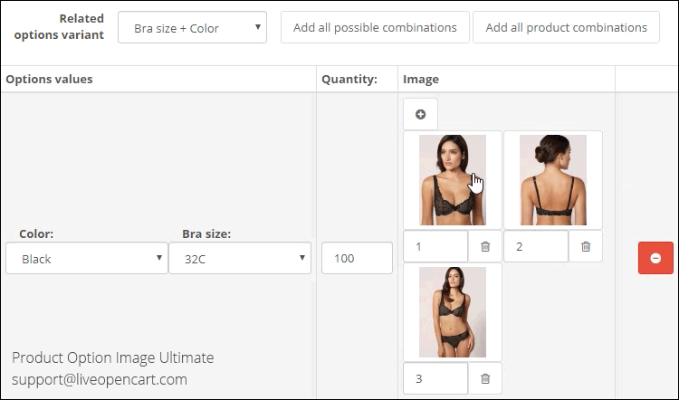 Product Option Image Ultimate: changing the image order for related option combinations.